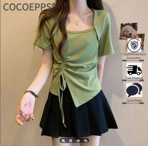 Cocoepps thiết kế phá cách cổ áo vuông Áo phông ngắn tay quần áo mùa hè nữ chị em mũm mĩm mới kích thước lớn dây rút Áo xếp li