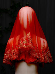ผ้าคลุมศีรษะเปิดหน้าครึ่งแสงสีแดงสำหรับเจ้าสาว ผ้าคลุมศีรษะลูกไม้ ผ้าคลุมศีรษะสไตล์จีน ผ้าคลุมศีรษะปิดตา ผ้าคลุมศีรษะสุดหรูหรา
