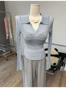 เสื้อเชิ้ตคอวี POLO ทรงสลิมฟิต แขนยาว ทรงบาง สำหรับผู้หญิง ฤดูใบไม้ร่วง 2025 เสื้อเชิ้ตคอวี POLO แขนยาว ทรงสลิมฟิต สำหรับผู้หญิง