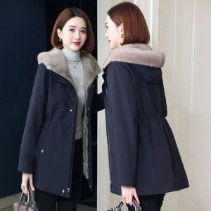 Slim Fit Korean Style Sheepskin Faux Fur Inner Coat Warmth Exuding Medium Length Parka Womens Clothing Cotton Jacket