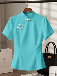 เสื้อเชิ้ตแขนสั้นทรงสลิมฟิตสำหรับผู้หญิง ฤดูร้อน 2025 ดีไซน์ใหม่ แขนสั้น กระดุม คอตั้ง แขนปกติ ความยาวปกติ ผ้าฝ้ายผสม