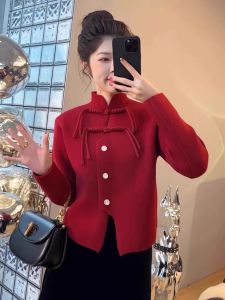Retro Red Chinese Style Coat New Medium Button Stand Collar Open Cardigan Sweater Women Fashion Anti Aging Spring Autumn Top