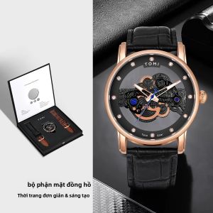 Đồng Hồ Đeo Tay TOMI Luxury Casual Quartz Dành Cho Nam Và Nữ Thiết Kế Kim Cương Rỗng Dây Đeo PU Thời Trang Vỏ Hợp Kim Tròn.