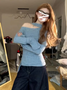 Korean Style Long Sleeve Knitted T-Shirt Womens Base Shirt Sash Shoulder Bared Autumn Fashion Design Sensation Casual Top