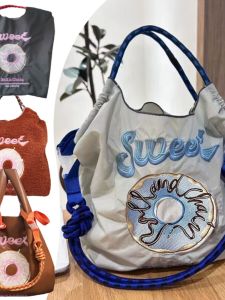 Large Capacity Canvas Bag Ball Chain Shopping Bag Donut Crossbody Shoulder Strap Eco-friendly Bag Soft Nylon Inner Structure