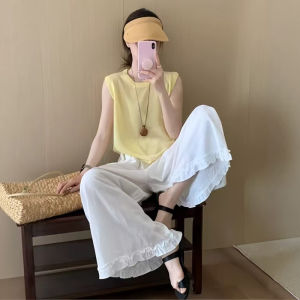 YUEZHONGWEI | Áo len dệt kim mỏng màu vàng Dopamine cổ tròn không tay mùa hè cho nữ Áo khoác ngoài độc đáo và đẹp thời trang công sở thường ngày