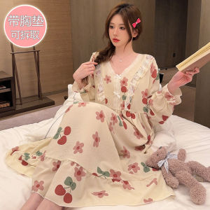 Sweet Style Long Sleeve Sleepwear Women's Home Clothes with Chest Pad & Midi Length Plus Size Comfortable Cotton Fabric Sleep Dress