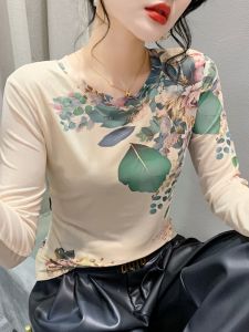 Tie-dye Print Lưới Lưới Dài Tay Nữ Áo Thun Thời Trang Mùa Xuân 2024 Ôm Vừa Vặn Phong Cách Đường Phố Cổ Tròn Áo