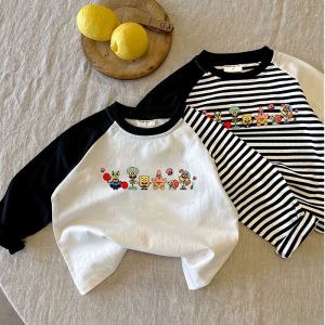 Cartoon Sponge Baby Print Pure Cotton Long Sleeves T-shirt Boys and Girls K-style Patchwork Stripes Bottoming Shirt Fashion Ins Fashion