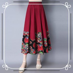 Cony Retro Printed Cotton and Linen Skirt Womens Ethnic Style Large Swing Mid-length Skirt Four Seasons