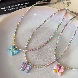 สินค้าจุด ✨ มิลเลนเนียม Y2k ร้อนสร้อยคอลูกปัดน่ารักผีเสื้อจี้สร้อยคอสำหรับผู้หญิง