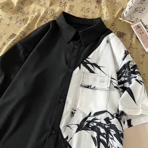 New Chinese Style Ice Silk Short Sleeve Shirt Mens Summer Thin Loose National Style Underwear Trendy Stylish Splicing Coat