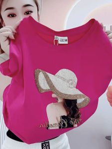 Summer 2025 Womens Heavy Embellished Cotton Short Sleeve T-shirt Slimming Anti-aging Versatile Trendy round Neck Top