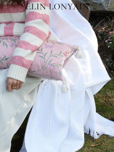 ELIN LONYAIN | Modern Simple White Linen Blend Knit Tassel Throw Blanket