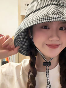 2025 Spring Summer Outdoor Plaid Fishing Cap Womens UV Protection Sun Hat Large Brim Shade Hat Casual Style round Top Hat