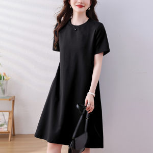 plus Size Casual Short Sleeve T-Shirt Dress French Style A-Line Midi Dress Women Flattering Loose Waist-Cinching Slimming Dress
