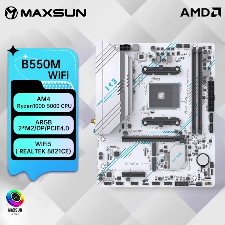 wafu | MAXSUN B550M Motherboard Support AMD R7 5600 5700X DDR4 3200Mhz USB3.1 PCIE 4.0 AM4 ARGB WIFI5 BT4.2 B550M GAMING WIFI ICE