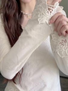 Elegant Long Sleeve Lace Embroidered Womens Slim Fit Base Shirt Apricot Color Versatile Fashionable Spring Autumn Top