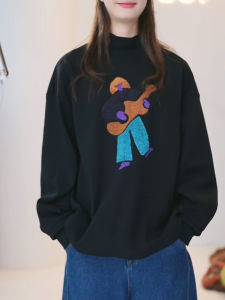 QINGNAER | Loose Casual Black Cartoon Printed Long Sleeve Sweater Warm Innerwear