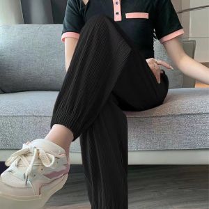 Ice Silk Womens Sports Pants Summer Thin Black Cuffed Casual Straight Cut Sun Protection Drape Lantern Pants High Waist Nine Points
