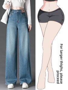 LANKELISHA | High Waist Straight Leg Denim Jeans Plus Size Wide Leg Pants For Pear Shaped Women Loose Floor Length Casual Cotton Stretch Denim