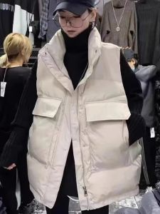 2025 Autumn Winter New Korean Style plus Size Mid-Length Womens Vest Cotton down Jacket Versatile Trendy Commute Pocket Detail