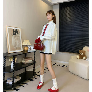 White Cotton Polyester Blend Long Sleeve Shirt Womens Inner Wear Youthful Fashionable 18 Year Old Retro Style Top