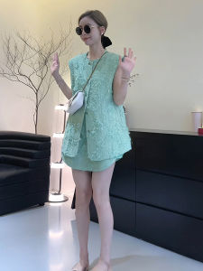 NANNI French Vintage Green Sleeveless Vest Skirt Womens High-End Set Summer New Two-Piece Cotton Blend Fashion Ensemble