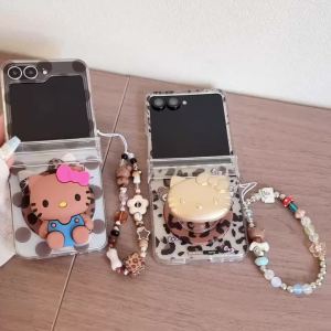 Sanrio | Ốp Điện Thoại Hoạt Hình Dễ Thương Hello Kitty Có Chấm Bi Và Họa Tiết Da Báo Có Giá Đỡ Chống Sốc Từ Tính Cho Samsung Galaxy Z Flip 8/7/6/5
