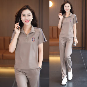 Summer Thin Ice Silk Short Sleeve Casual Running Suit Two Piece Set for Women Fashionable Sportswear Lightweight Polyester Fiber