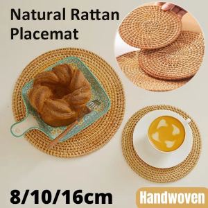 Handwoven Rattan Coaster Round Natural Woven Rattan Cup Coaster Drink Mug Pot Tea Coffee Placemat Kitchen Accessories