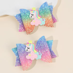 2Pcs Rainbow Unicorn Cartoon Hair Clip Kawaii Sweet Pastel Glitter Bow Hairpin For Girls & Kids Headwear Childrens Accessories