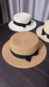 หมวกสานทรง หมวกกันแดด งานสาน แต่งด้วยแถบผ้า กันแดดกันยูวี แฟชั่นฤดูร้อน สไตล์ชาวประมง เหมาะกับเดินชายหาด