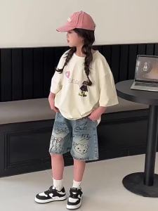 Sanrio | New Summer Girls Denim Shorts Cartoon Hello Kitty Fashion Loose Knee Length Jeans Pants For 4-14 Years Teen Kids Casual Trousers