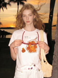 Summer Fun Orange Print T-shirt White Short Sleeve