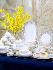 Upscale Gold Rimmed Tangshan Bone China Tableware Bowl and Plates Set Household Ceramic High Rice Bowl Anti-Scald Soup Bowl Dish Fish Dish