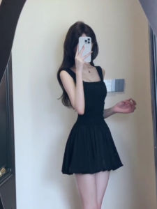 French Elegant Black Strapless Dress Womens Summer Slim Fit Puffy Short Skirt Casual Style Pure Color Waist-Cinching Zipper Back
