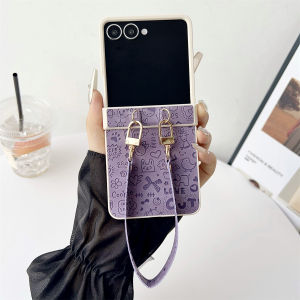 szhaiyu | For Samsung Galaxy Z Flip 7E Z Flip 7 6 5 4 3 Leather Cartoon Phone Case With Wrist Strap Hard Shell Hinge Protection Cover