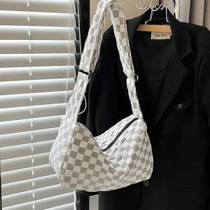 🌟 Women Checkered Bucket Shoulder Bag Large Capacity Bag 韩版简约单肩包休闲流行潮流棋盘格包包时尚格纹挎包