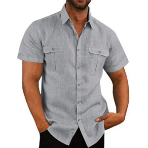 Mens Double Pocket Solid Short Sleeve Shirt Standard Fit Polo Collar Button down Pure Color Summer Fashion Casual Wear