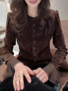 Elegant Spliced Velvet & Mesh Long Sleeve Shirt