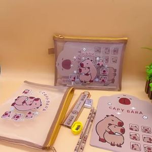 7 in 1 Cute Capybara Cartoon Pencil Set Portable Stationery Set for Kids Gift Pencil Eraser Sharpener Ruler School Supplies Anime Children Birthday Party Gifts