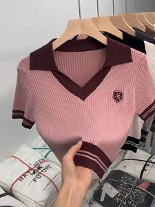 Fashion Short Pink Striped V-Neck Sweater Top & Korean Retro Contrast Color T-Shirt
