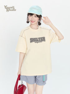 เสื้อยืดแขนสั้นผู้หญิงสไตล์อเมริกันย้อนยุค ทรงหลวม ผ้าฝ้าย คอกลม เสื้อแขนสั้นทรงปกติ ฤดูร้อน 2025 แฟชั่นสตรีท