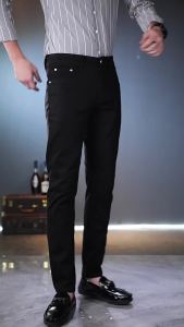 2025 Factory Direct Supply Luxury Men's Elastic Black Anti-Fade White Three-Proof Fabric Small Straight Pants Nine-Point Pants Long Pants