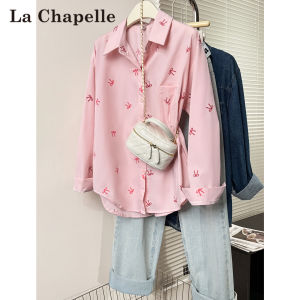 La Chapelle | Pink Bow Print Long Sleeve Blouse Womens Shirt Loose Design Sun Protection
