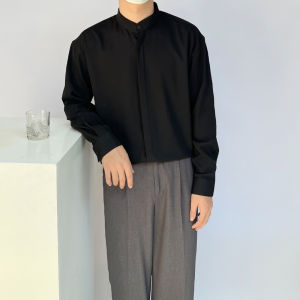 Luxurious White Long Sleeve Ice Silk Casual Loose Mens Shirt New Chinese Style Stand Collar No Ironing Required Autumn Wear