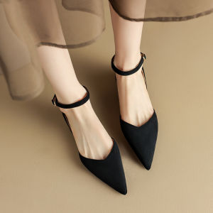 Large Size Low Heel Womens Sandals 41-43 Suede Closed Toe Strap Summer All-Match Pointed Chunky Heel Dress Womens Shoes