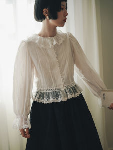 เสื้อเชิ้ตคอป่ายางย้อมฝ้ายทรงเข้ารูปสไตล์หวานสำหรับผู้หญิง ฤดูใบไม้ผลิ 2025 ใหม่ล่าสุด แขนยาว คอปะการัง