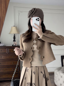 Camel-colored Petal Placket Wool Blazer